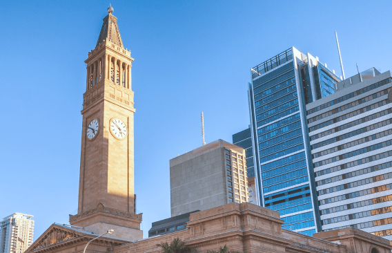 The clock tower of Brisbane City Hall.